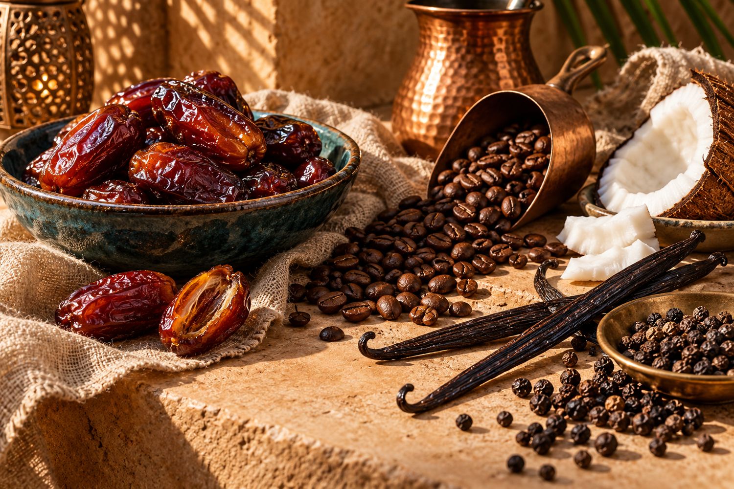Tâmaras, grãos de café, fava de baunilha e coco aberto