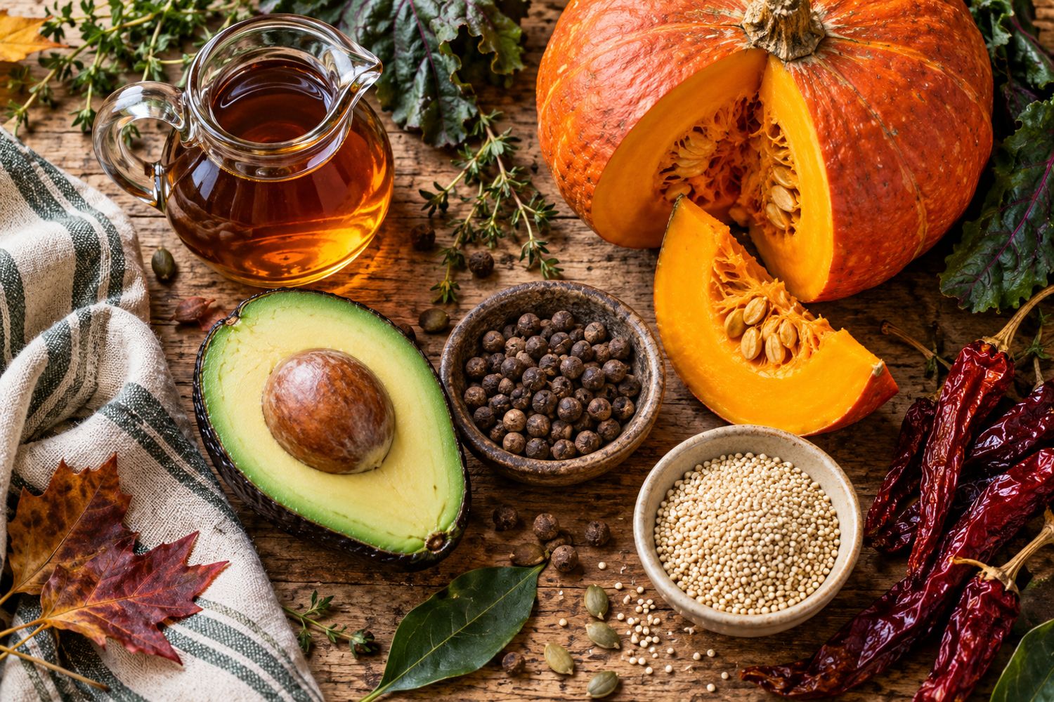 Abóbora, abacate, xarope de bordo, quinoa e pimentas secas