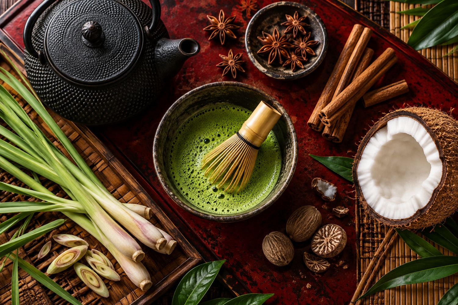 Matcha, capim-limão, anis-estrelado, canela e noz-moscada