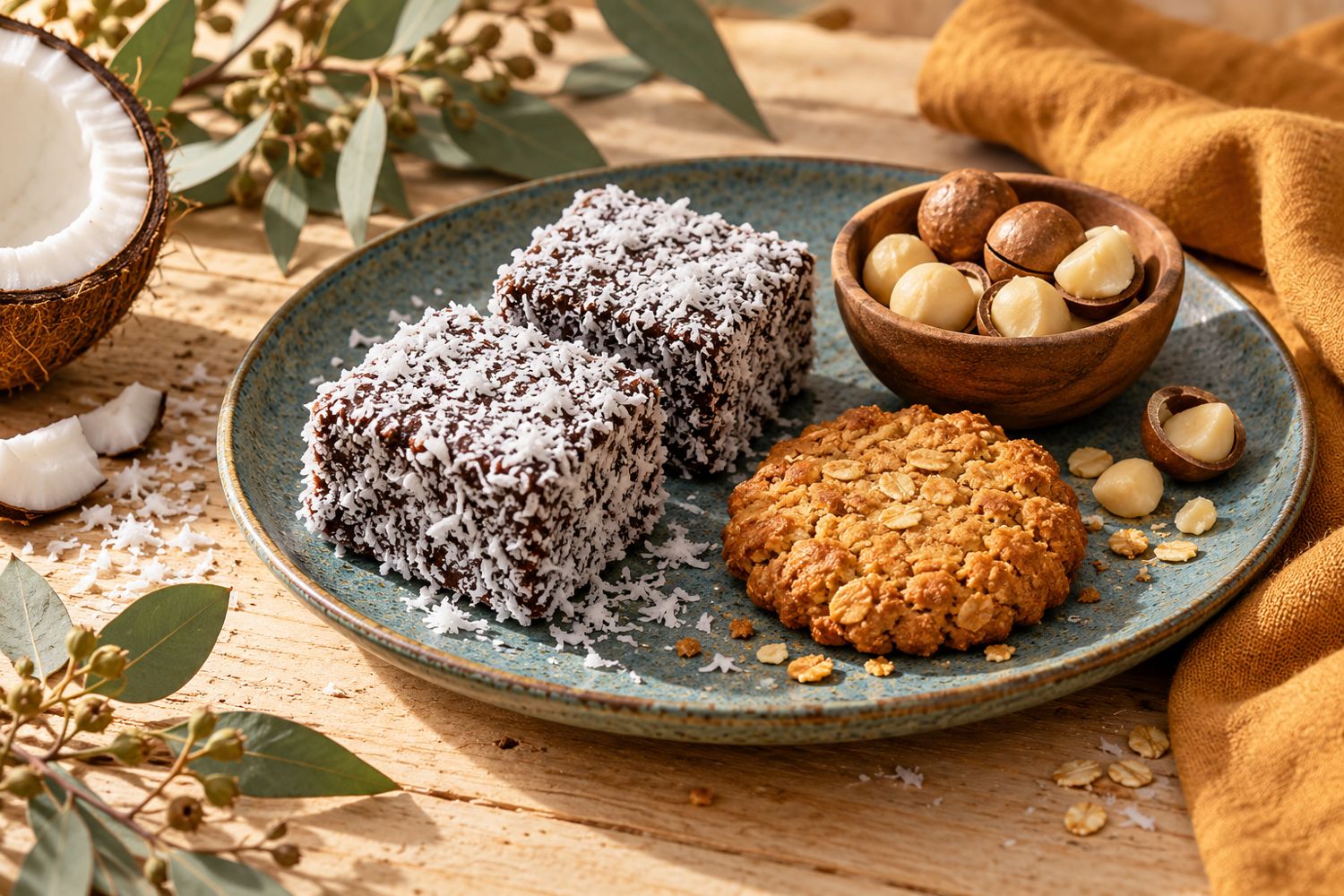 Lamingtons de coco, biscoito Anzac e macadâmias