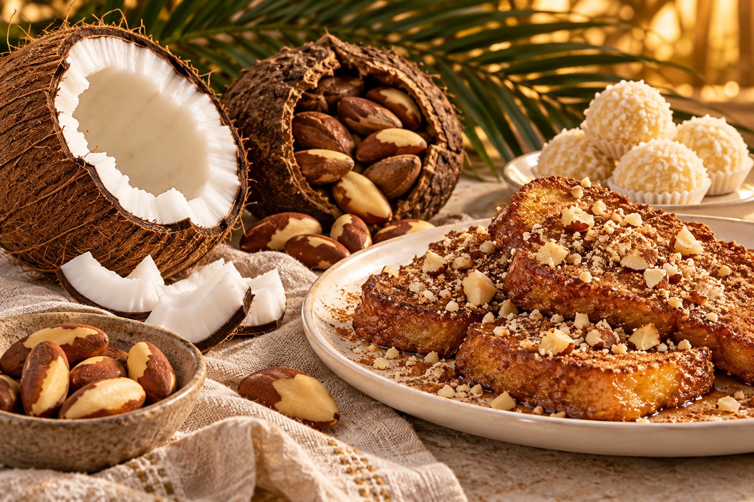 Rabanada com castanha-do-pará, coco aberto e cocadas
