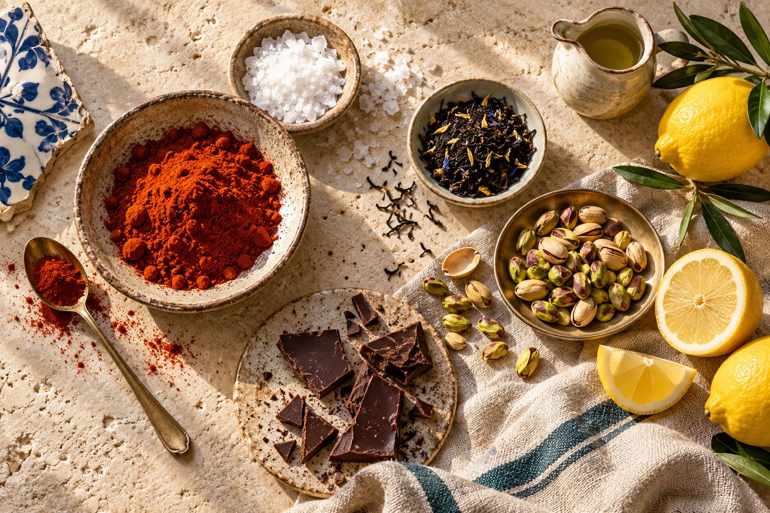 Páprica, flor de sal, chocolate, chá, pistache e limão-siciliano sobre linho