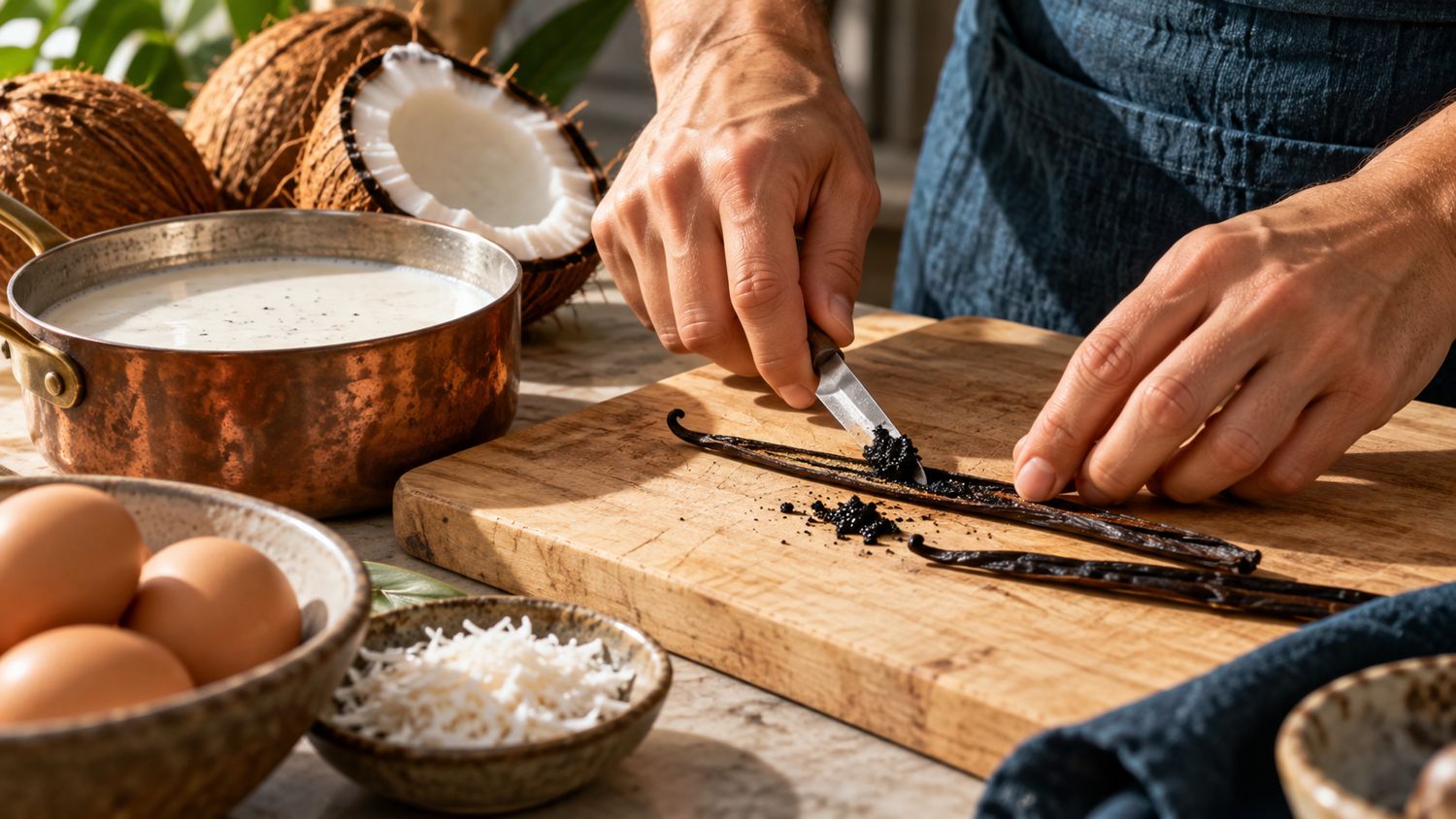 Mãos raspando uma fava de baunilha ao lado do leite de coco
